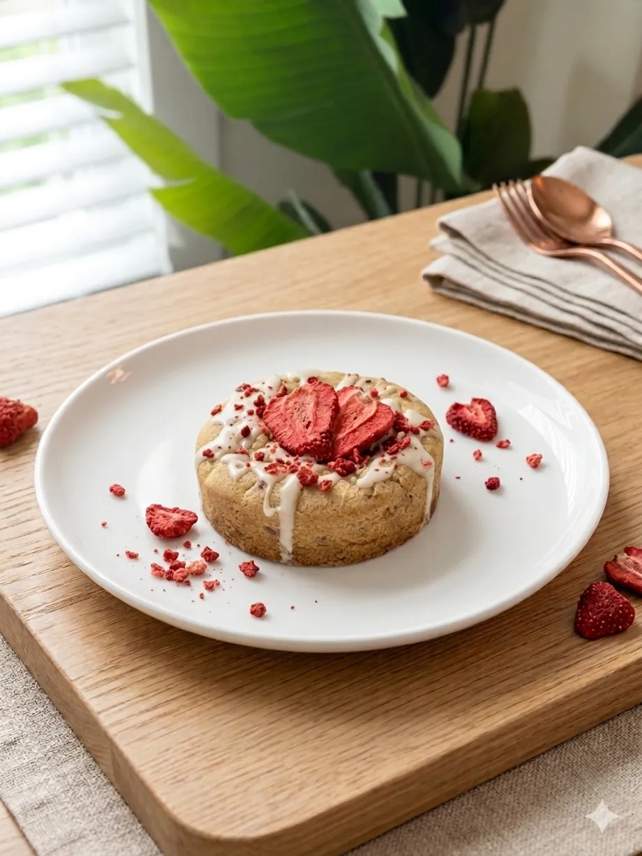 A Happy Cookie Bar strawberries and cream cookie on a white plate, topped with fresh strawberry slices and a cream drizzle, set on a wooden table with soft greenery behind.